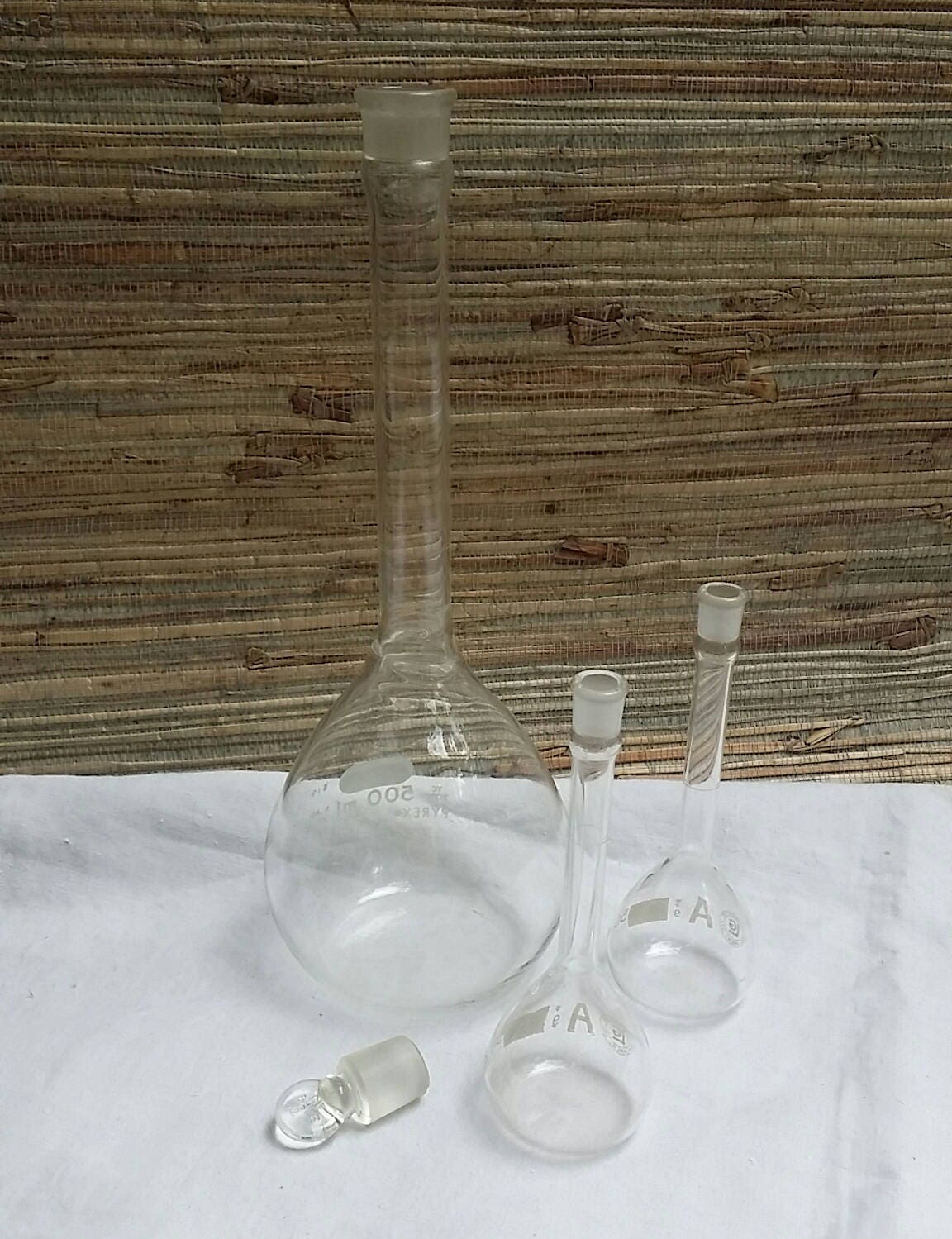 Trio of Vintage Science Glass Volumetric Flasks 1 Large 500ml 2 Small 50ml