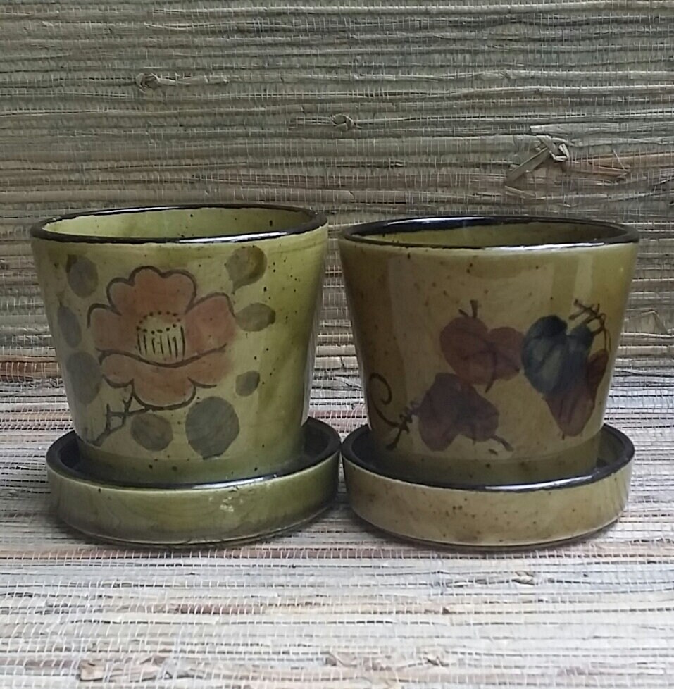 Pair of 1970s Green Pottery Planters Made In Japan Mid Century Style