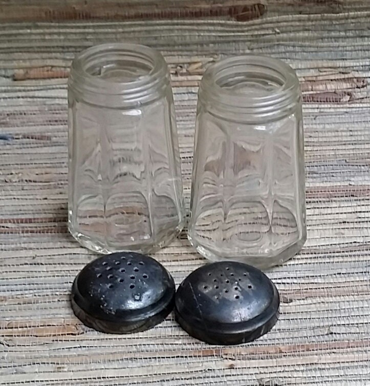 Large Vintage Salt & Pepper Heavy Glass With Metal Lids Antique Glass