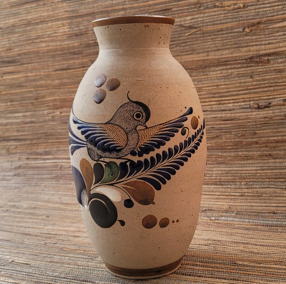 Beautiful Mexican Tonala Vase Marked Mexico Lovely Design Bird & Flowers Ferns Butterfly