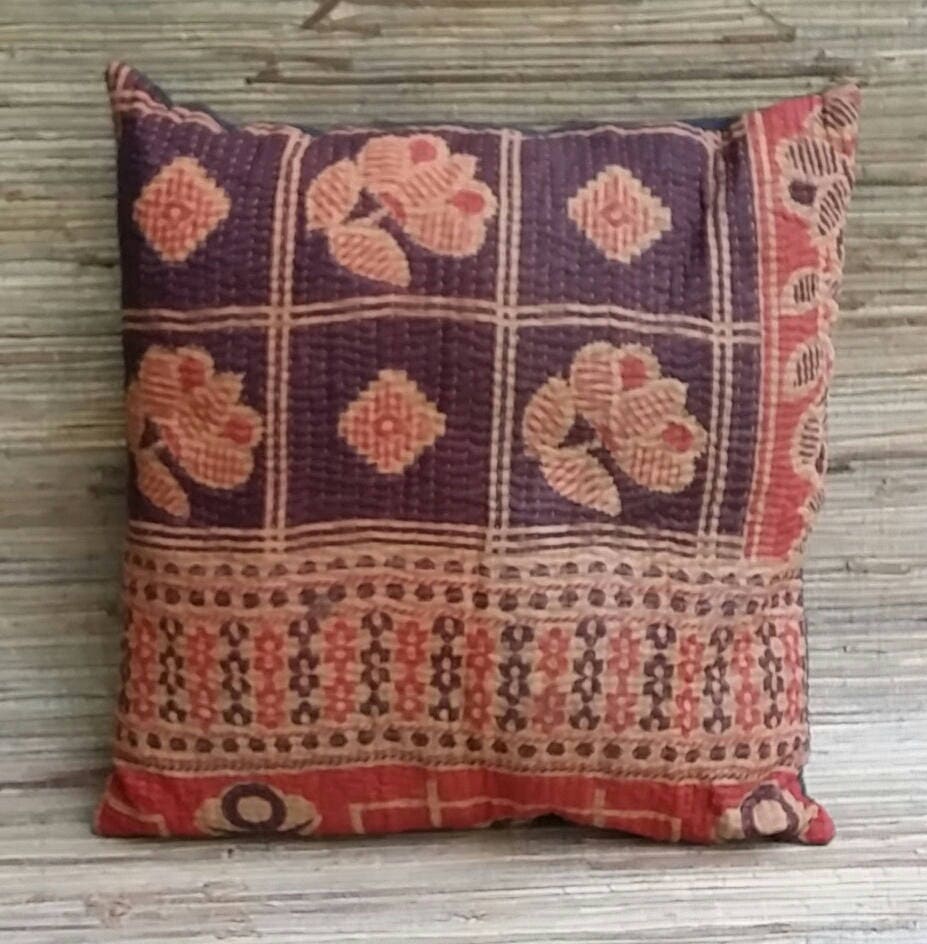 Kantha Cloth Throw Pillow Quilted Kantha From India