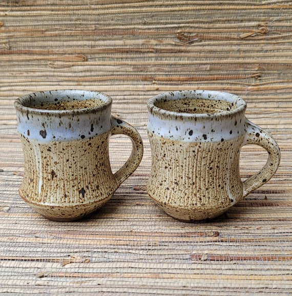 Coffee Mugs Set of Two Handmade Handthrown Pottery Cups Small Tea or Coffee  Cups Beige & Blue/gray 6oz Espresso or Chocolate Mugs 