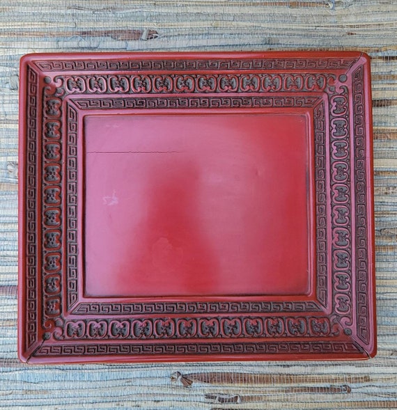 Beautiful Asain Cinnabar Red Lacquerware Tray Black & Red Vintage Decorative Tray Chinese Decor Wooden Tray