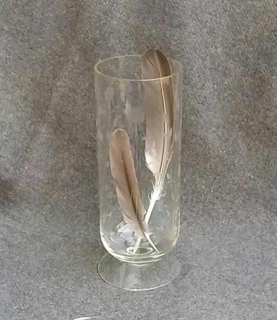 Large Vintage Etched Clear Glass Vase Flowers & Leaves