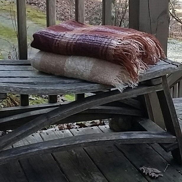 Vintage Rusty Brown & Cream Mohair Plaid Throw Made in the Republic of