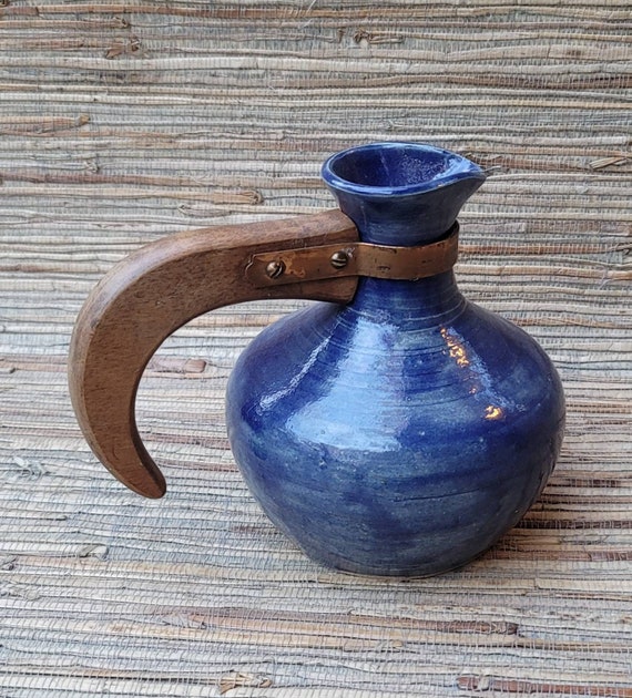 Vintage Pottery Pitcher Vase Wooden Handle Mid Century Pottery Home Made Version of a Cal Pottery Bauer Gladding McBean Carafe Blue Glazed