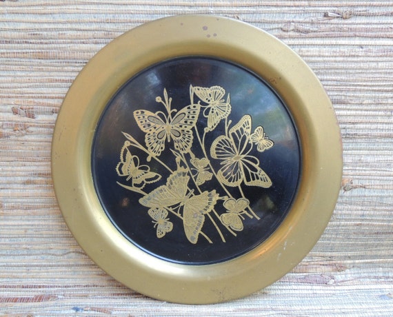 Vintage Black & Brass Butterfly Tray by Oneida 10 1/4" Diameter Metal Mid Century Style