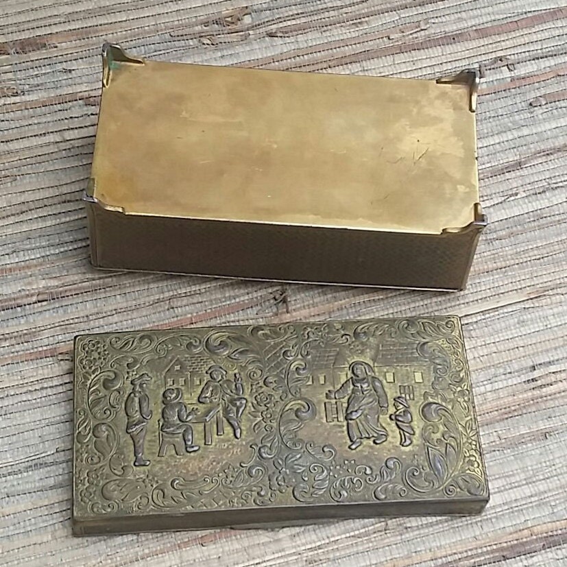 Vintage Metal Heavy Wood Lined Cigarette Box With Village Scene