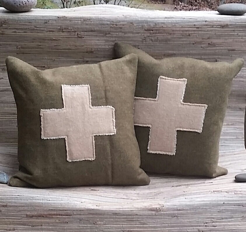 Swiss Army Symbol Pillow Cover Made From Vintage Wool Army Blanket