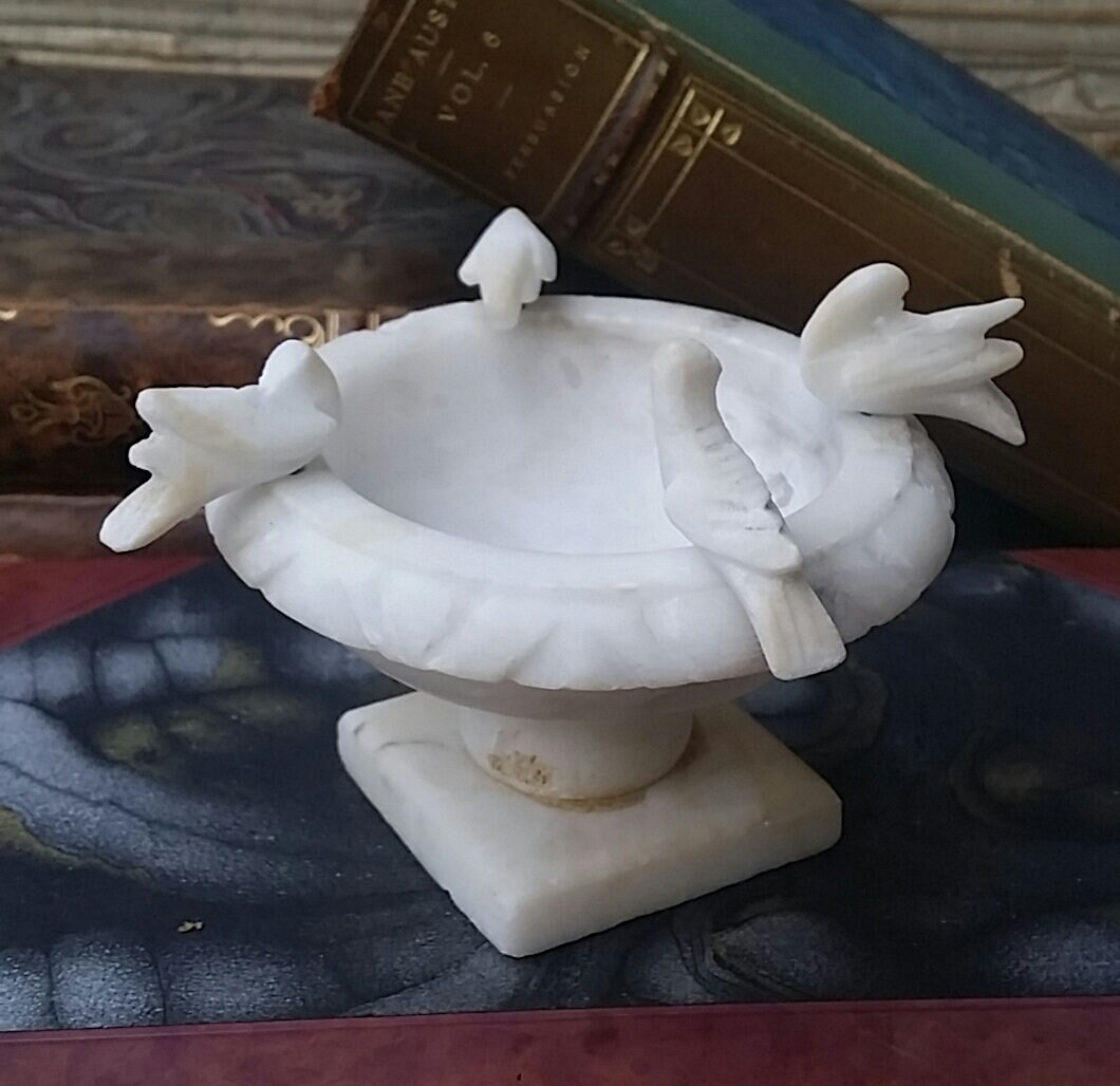 Vintage Alabaster Marble Carved Birdbath With Birds Hand Carving Made