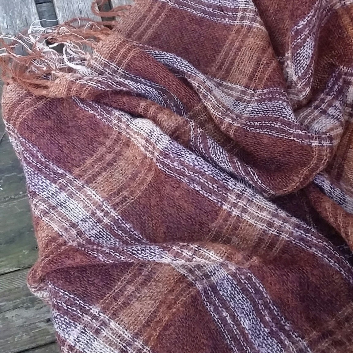 Vintage Rusty Brown & Cream Mohair Plaid Throw Made in the Republic of