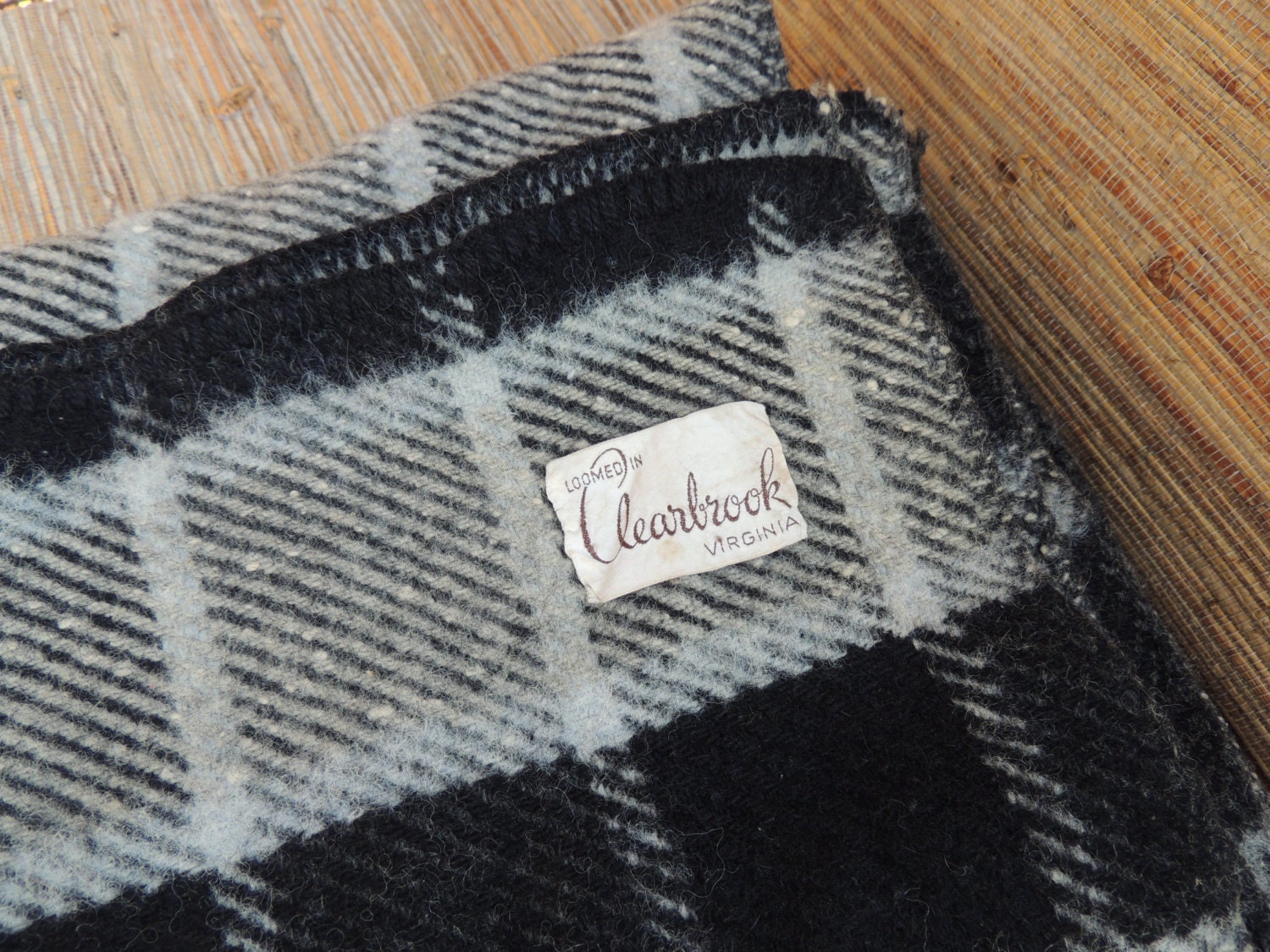 Vintage Wool Black And Grey Plaid Blanket Loomed In Clearbrook Virginia