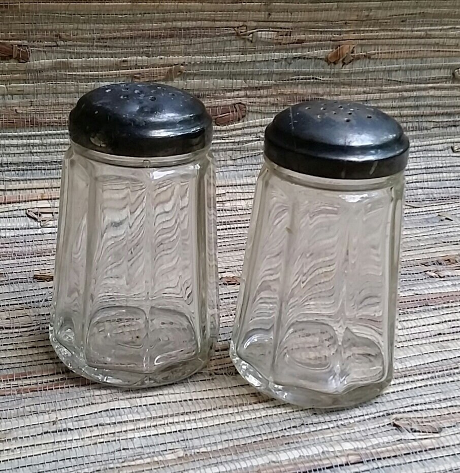 Large Vintage Salt & Pepper Heavy Glass With Metal Lids Antique Glass