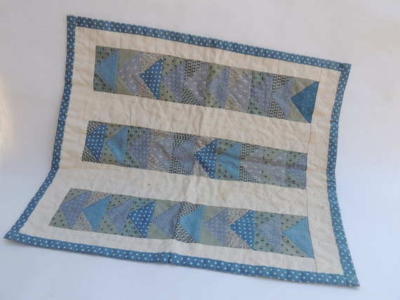 Hand Made Blue and White Doll Quilt Flying Geese Small Quilt Wall Quilt Hand Quilting