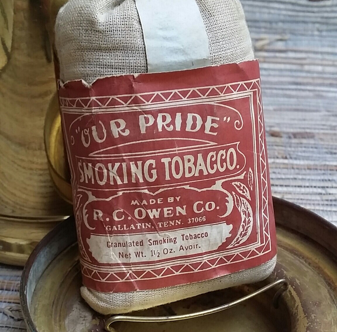 Brass Tobacco Canister Humidor Bag Full of Tobacco
