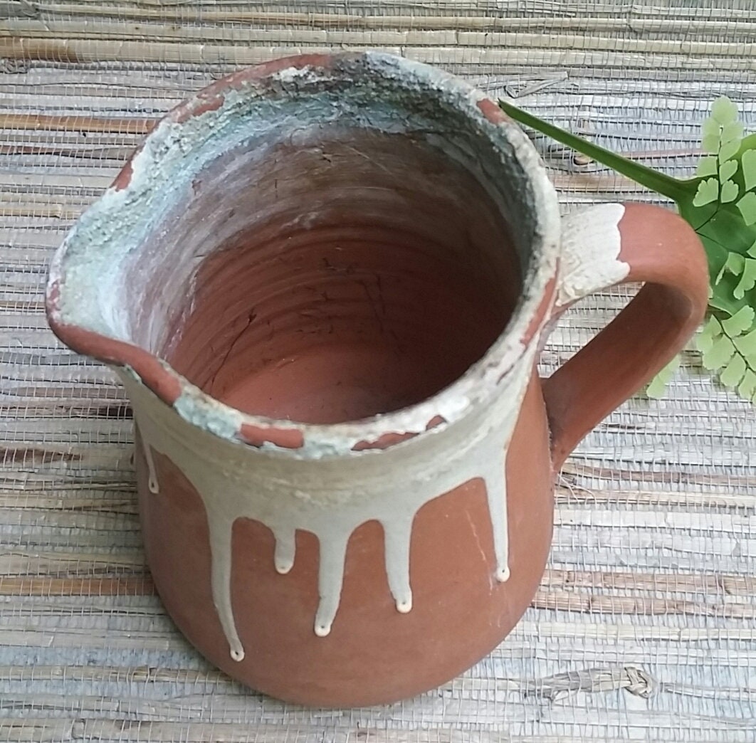 Rustic Terra Cotta Pitcher With White Drippy Chippy Paint/Glaze Primitive Style Small Pitcher