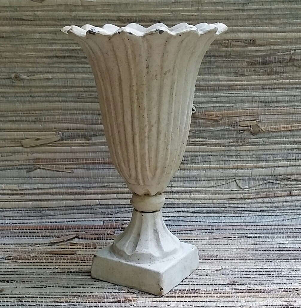 Vintage White Cast Iron Urn Metal Vase Classical Style 1990s