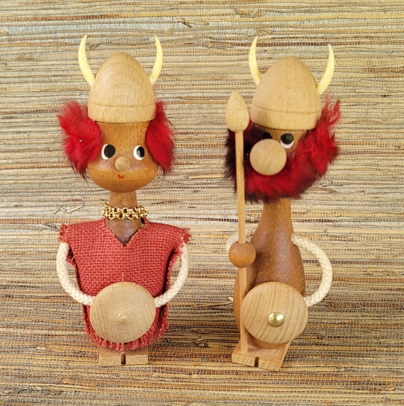 Mid Century Cute Wooden Viking Couple Made in Denmark