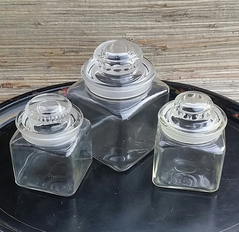 Set of Three Vintage Apothecary Jars Ground Glass Lids Science Glass