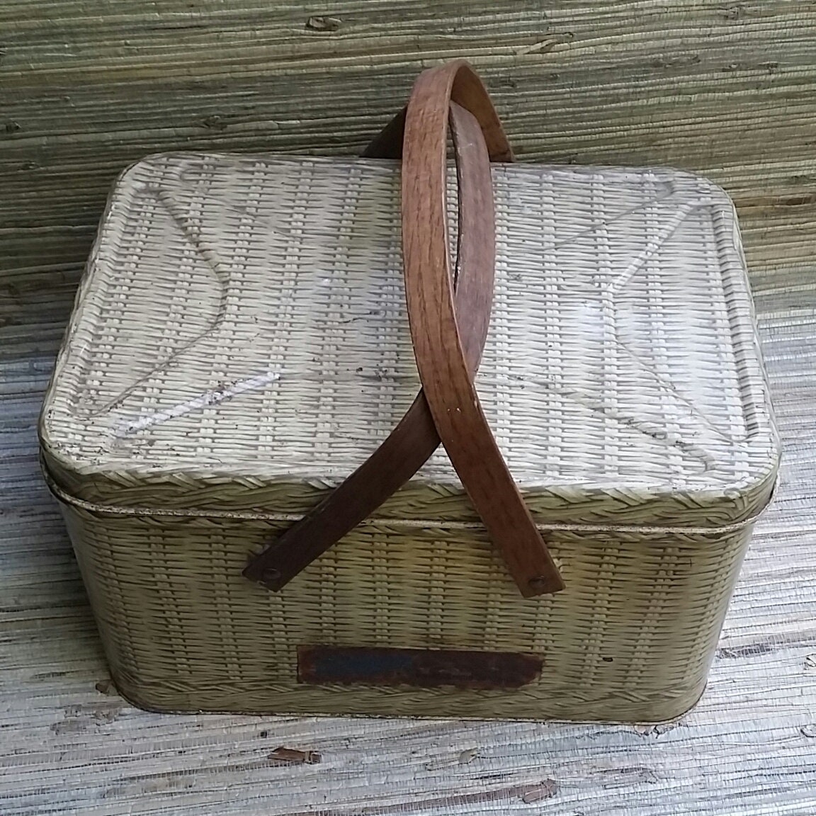 Vintage Decoware Large Picnic Basket Cookie Advertising Tin With Wooden
