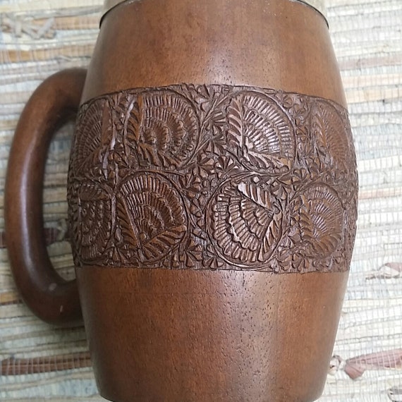 Antique Walnut Treen Tankard With Metal Lining Carved Floral Pattern Thistles? English? Black Forest?