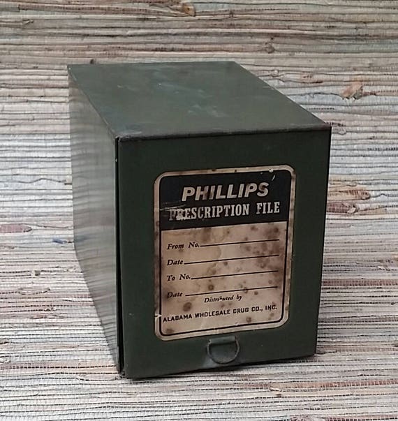 Vintage Phillips Prescription File Box Alabama Wholesale Drug Co., Inc. Industrial Style Box
