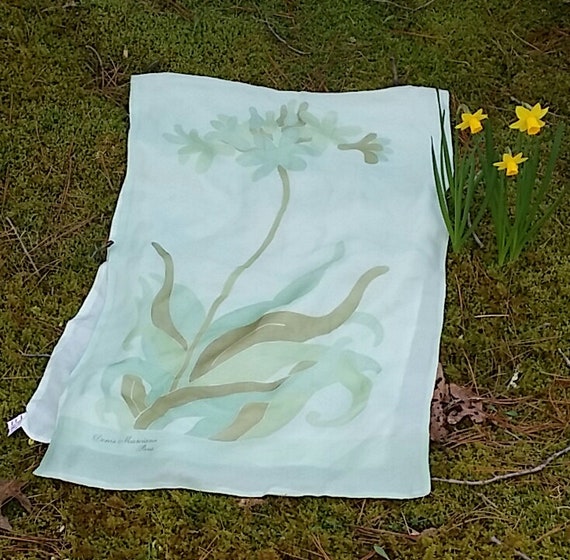 Beautiful Pale Green Silk Denis Marciano Scarf 1980s 100% Soie/Silk Peint Main Paris Designer Scarves