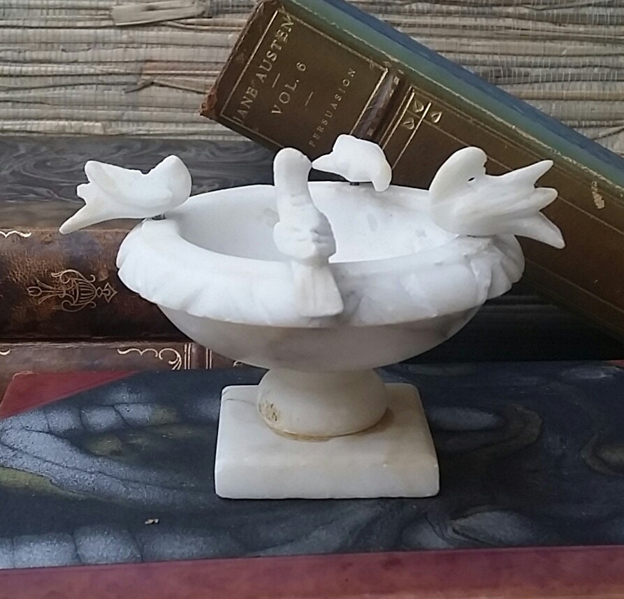 Vintage Alabaster Marble Carved Birdbath With Birds Hand Carving Made