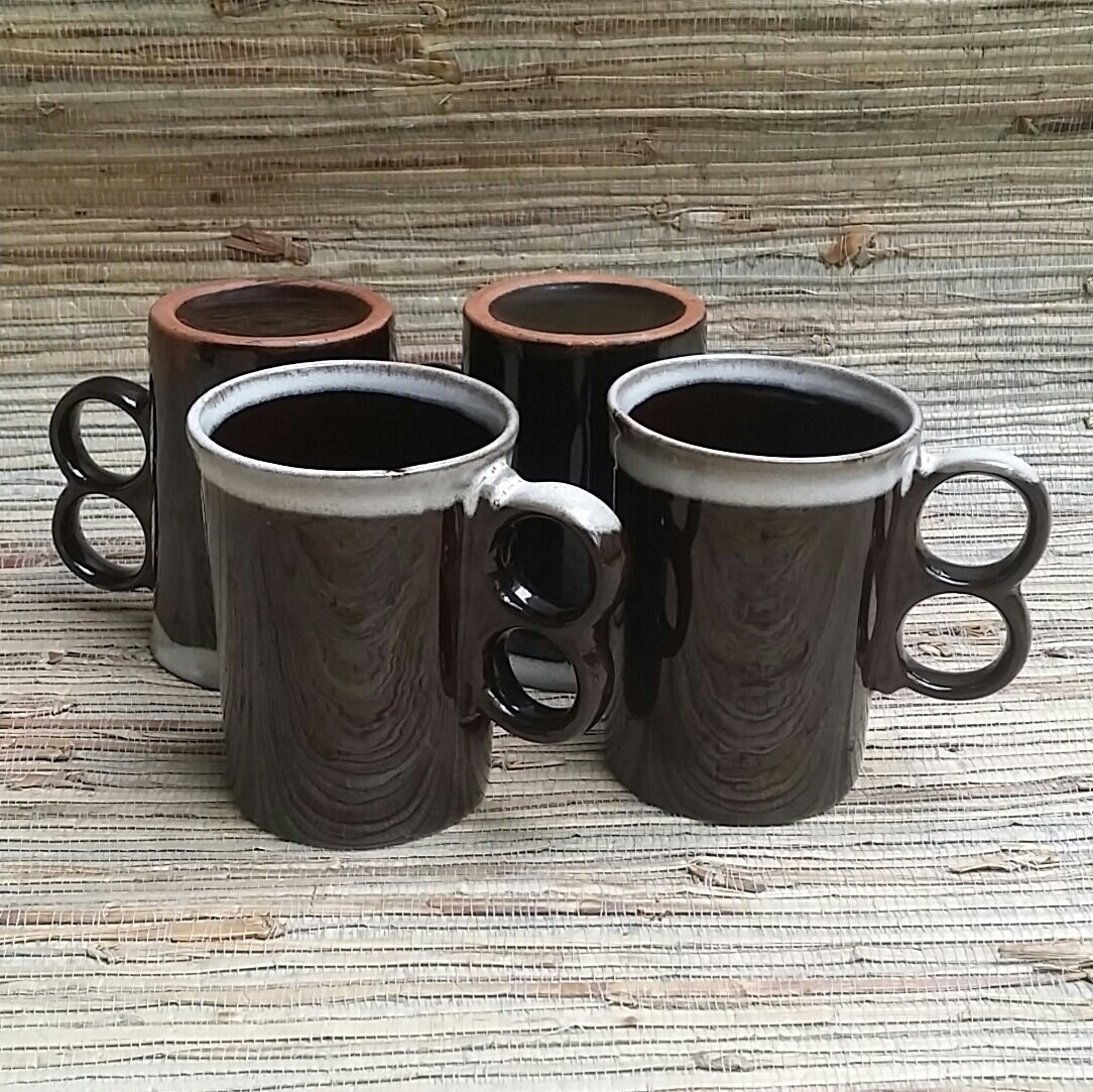 Japanese Ceramic 1970s Coffee Mug Set of 4 Dark Brown & Gray Glaze