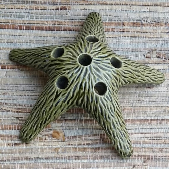 Vintage Ceramic Starfish Flower Frog Made In Japan Green Flower Arranger Antique Pottery Weller Style
