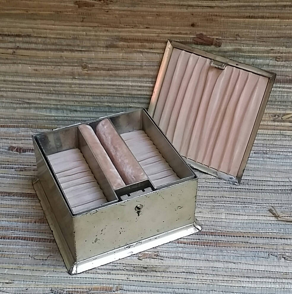 Vintage Metal Jewelry Box Pink Velvet & Silk Grosgrain Lining