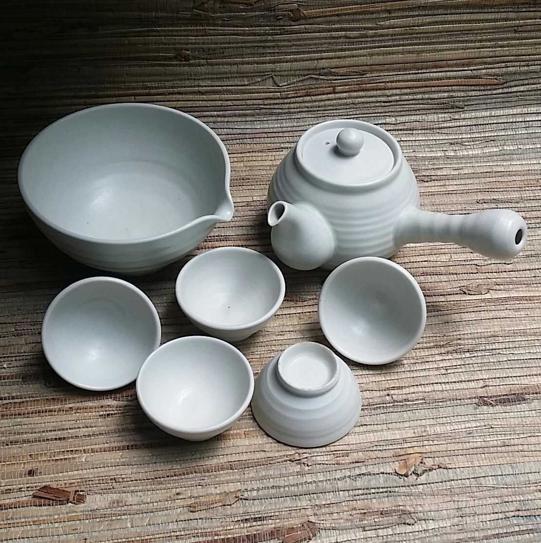 Asian All White Porcelain Tea Set Side Handle Tea Pot, Bowl and 5 Cups in Original Box