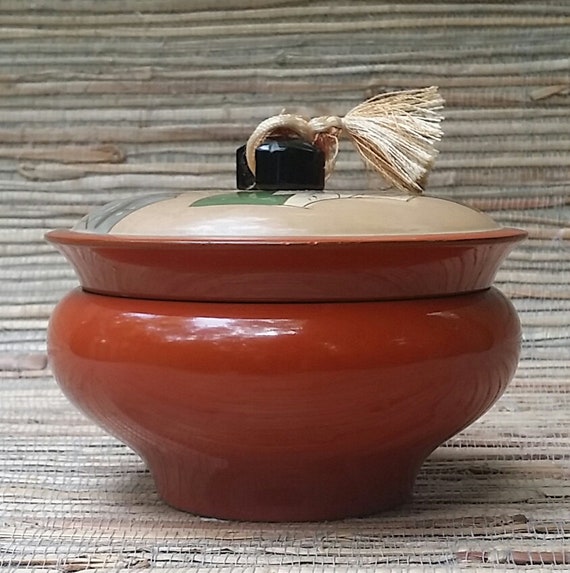 Vintage Asian Lacquer Wear Powder Box With Silk Tassel Lacquer Over Wood Burnt Orange & Cream