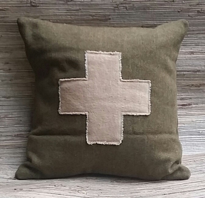 Swiss Army Symbol Pillow Cover Made From Vintage Wool Army Blanket