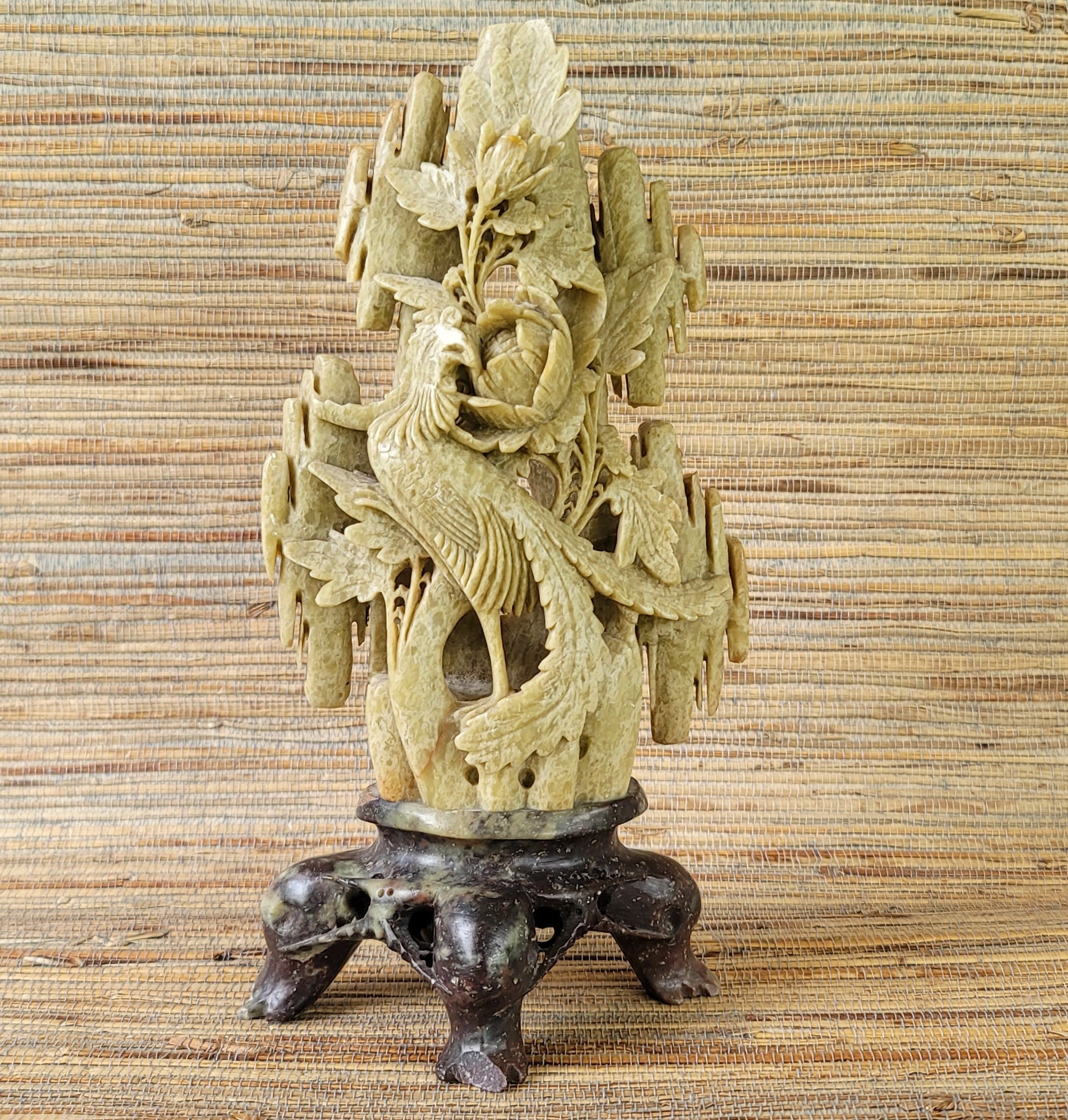 Vintage Chinese Green Soap Stone Carving Bird Flowers Carved Florals