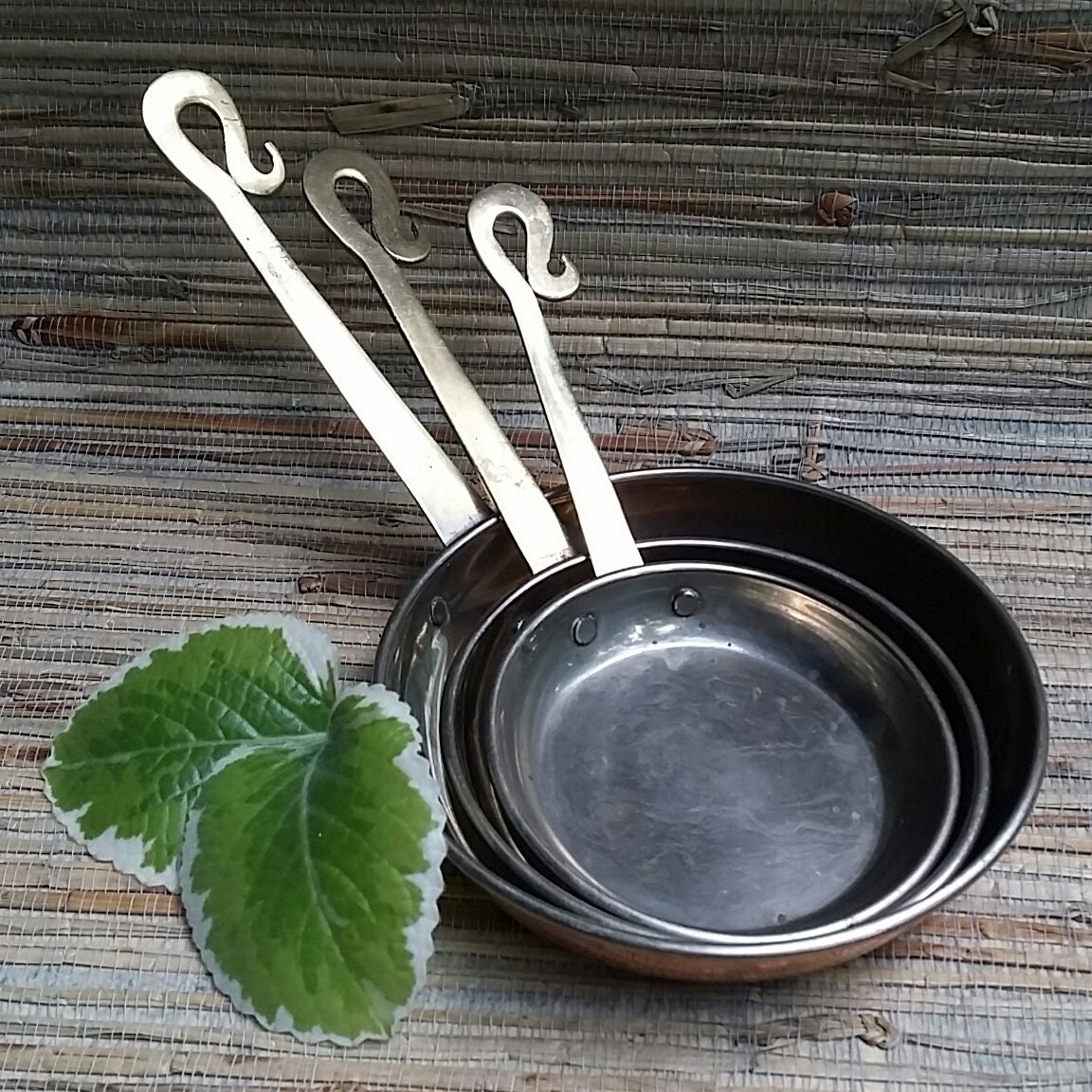 Vintage Copper & Brass Decorative Set of 3 Small Saute Pans Brass