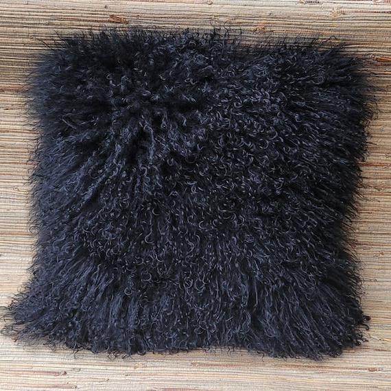 Great Fibre Black Australian Curly Sheepskin Pillow 16" Square Wooly Pillow Cover With Insert So Soft!