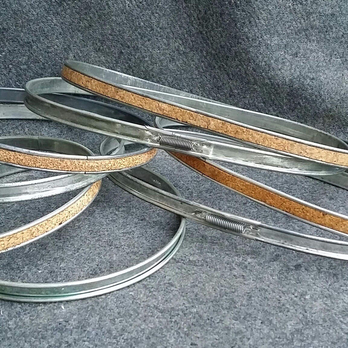 Group of 5 Vintage Metal Embroidery Hoops Cork Lined 2 Oval 3 Round