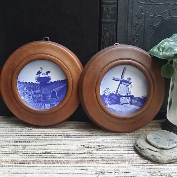 Vintage Royal Copenhagen Mini Delft Stork & Windmill Plates In Wooden Frame Denmark Fajance Storkerede and Dybbol Molle Signed