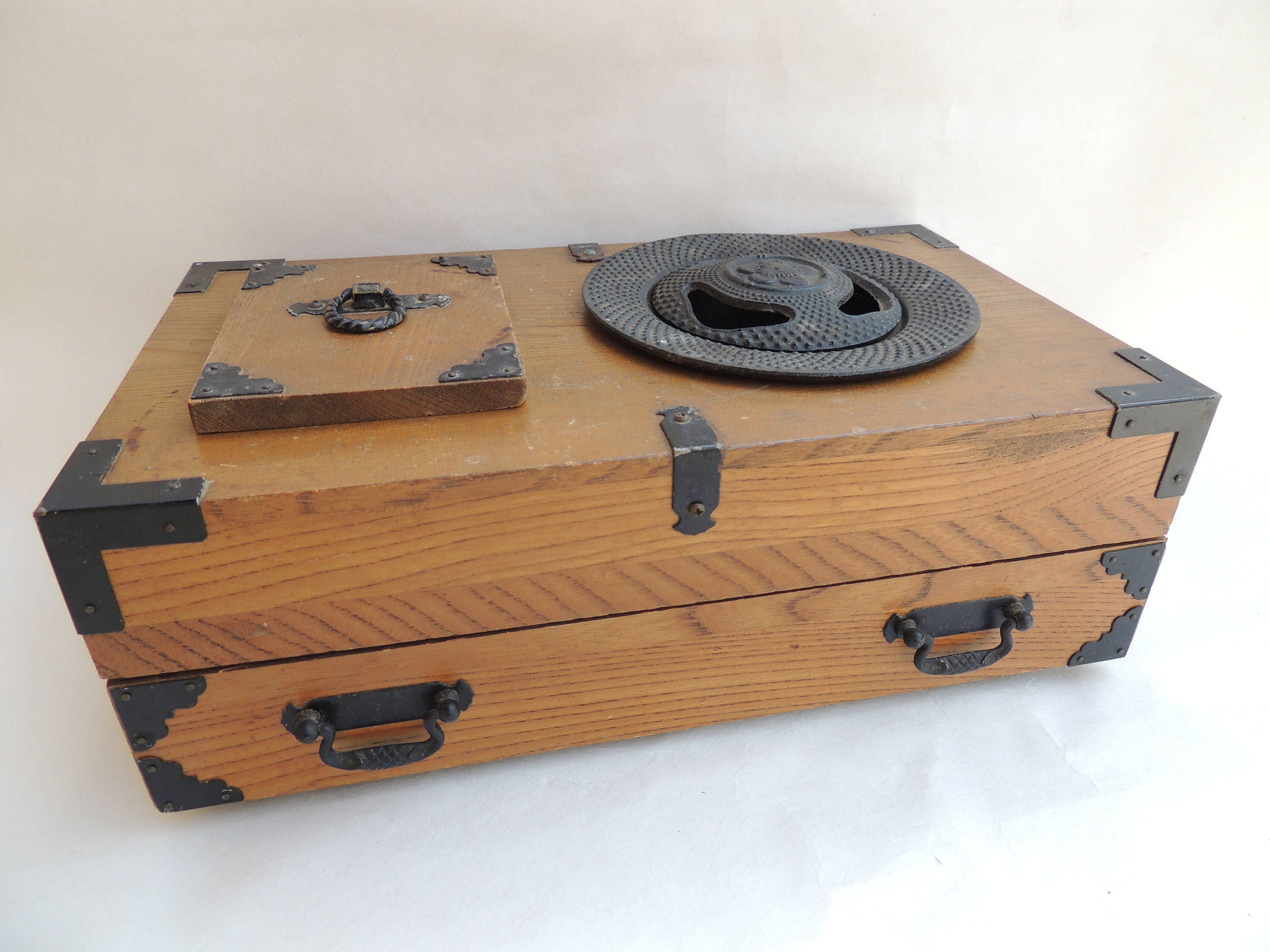 Vintage Asian Incense Chest Wooden Box Cast Iron Dish For Burn Incense