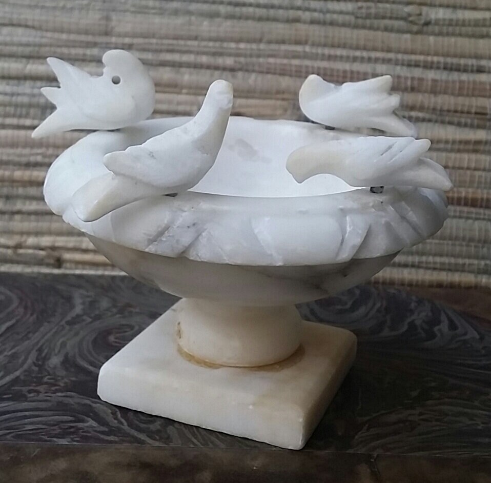 Vintage Alabaster Marble Carved Birdbath With Birds Hand Carving Made