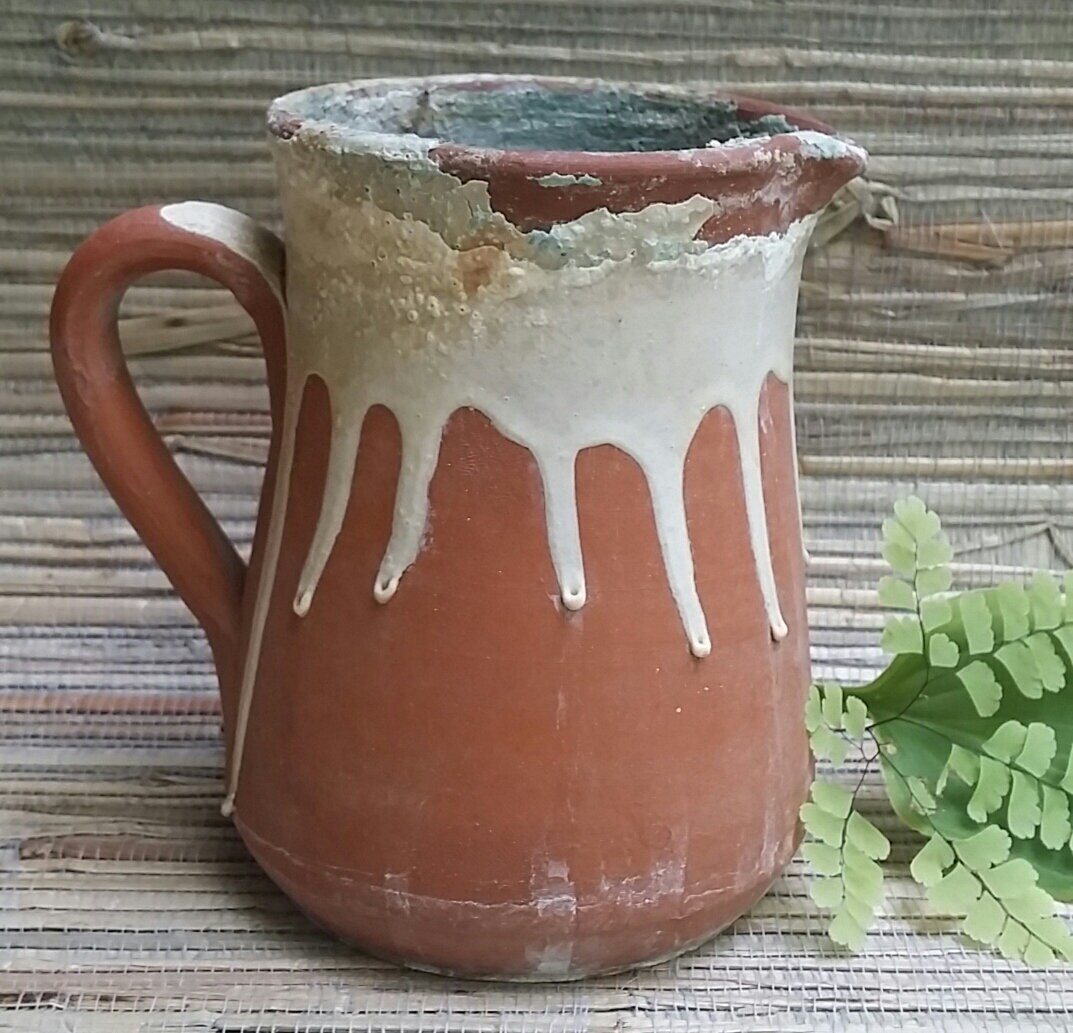 Rustic Terra Cotta Pitcher With White Drippy Chippy Paint/Glaze Primitive Style Small Pitcher