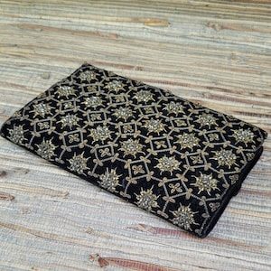 Vintage Black Velvet Clutch Bag With Silver & Gold Bullion Stumpwork Decoration ICU INDIA Evening Bag Zardosi Style