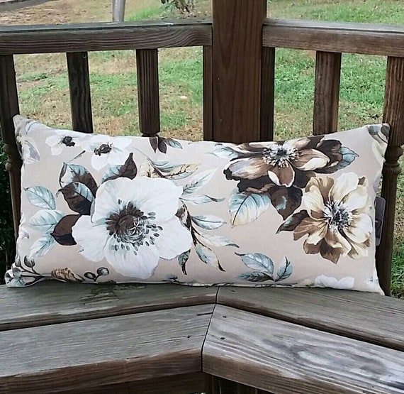 Beautiful Cotton Floral Print Pillow With Down Filled Insert Beige Brown Turquoise & White With Side Zipper Closure 26" x 13"