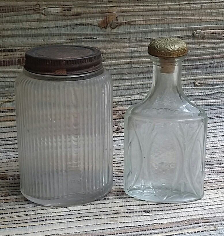 Vintage Jar & Bottle With Metal Lids Quality Counts XYZ Vintage Glass