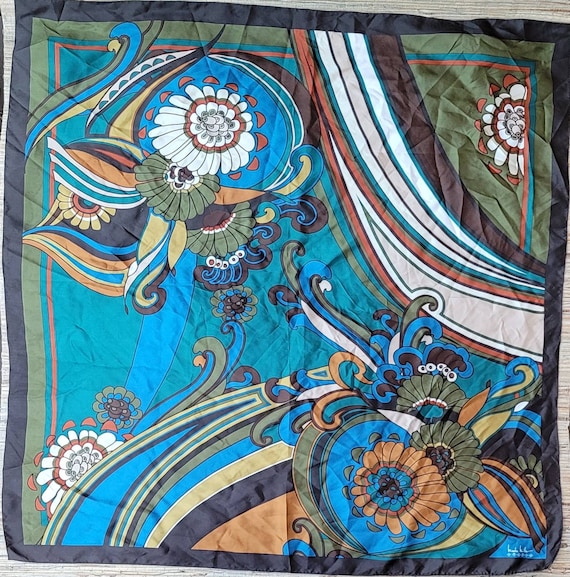 Vintage Nicole Miller Studio Scarf 1980s Fashion Brown Blue Green Orange Gold Floral Design 34" Square Scarf