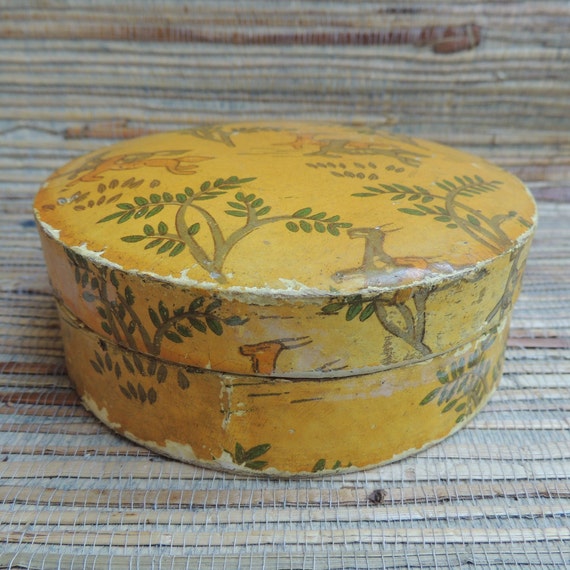 Vintage Papier Mache Powder Box With Deer Running Through Trees Made in Japan