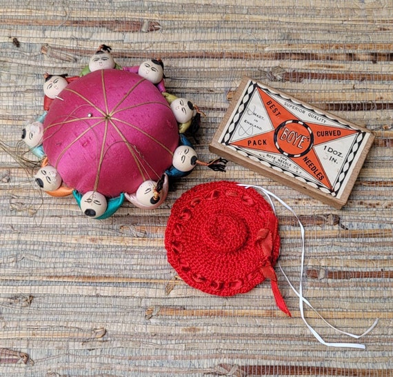 Vintage Sewing Tools Pink Chinese Silk Pin Cushion Red Crocheted Hat Needle Case BOYLE Needle Box Antique Tools Old Sewing Aids