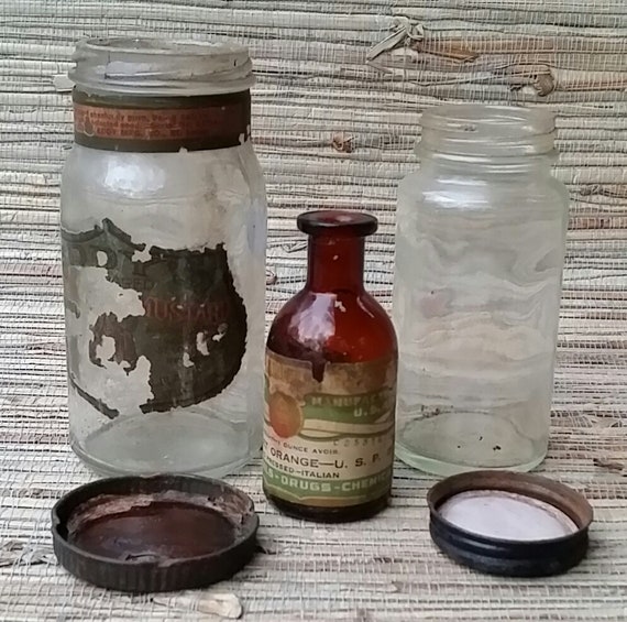 Group of 3 Vintage Jars In Found Condition Original Lids Eddy's Mustard St. Louis Sweet Orange Essential Oil Bottle, Italian