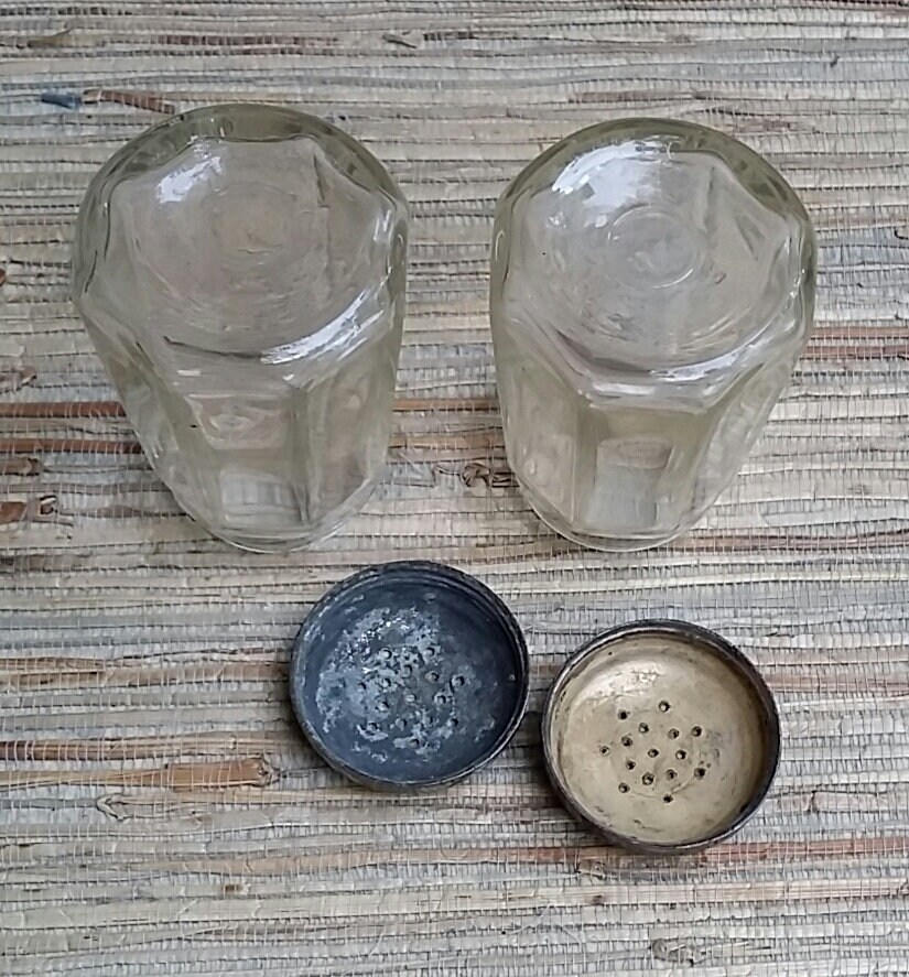 Large Vintage Salt & Pepper Heavy Glass With Metal Lids Antique Glass